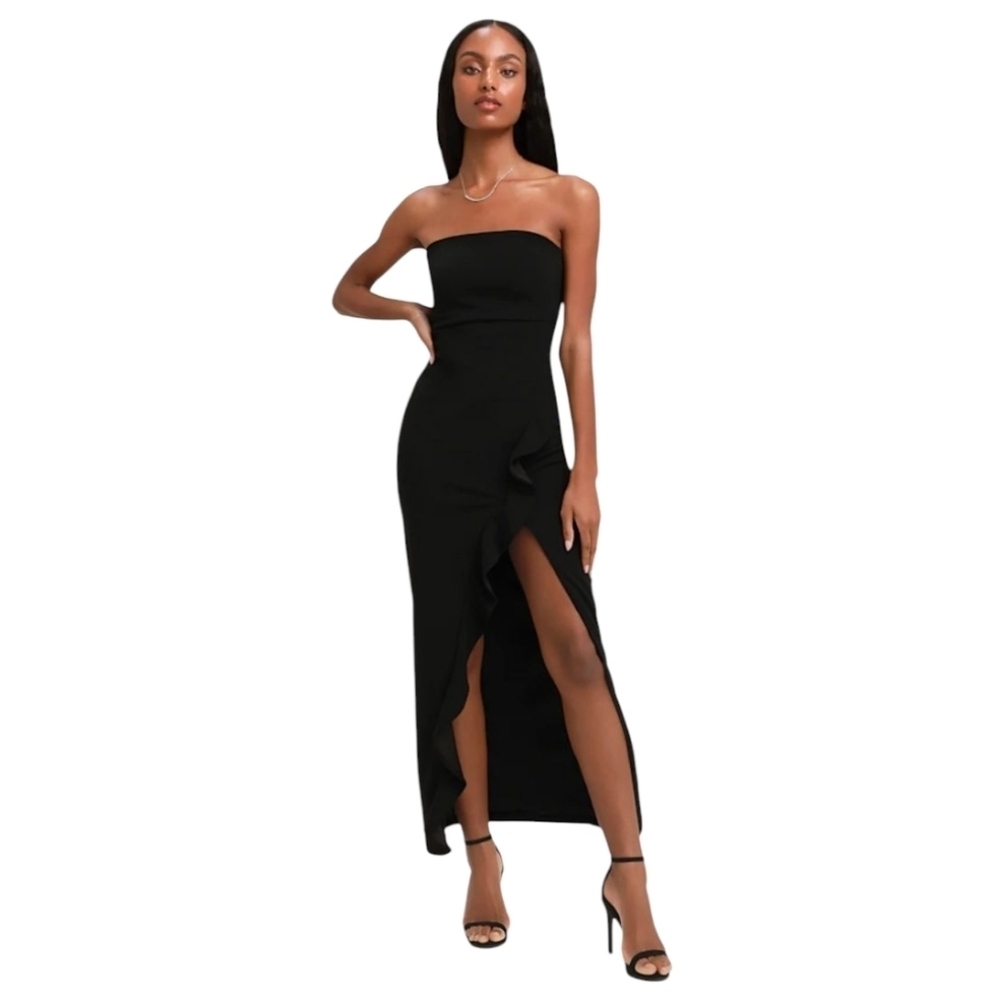 Lulus After Hours Black Strapless Ruffled Maxi Dress Black Size Large